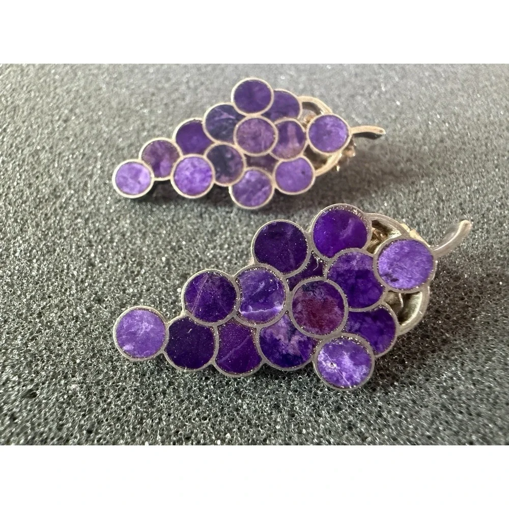 VTG R&F Milliron 925 Sterling Silver Purple Stone Inlay Grape Cluster Earrings